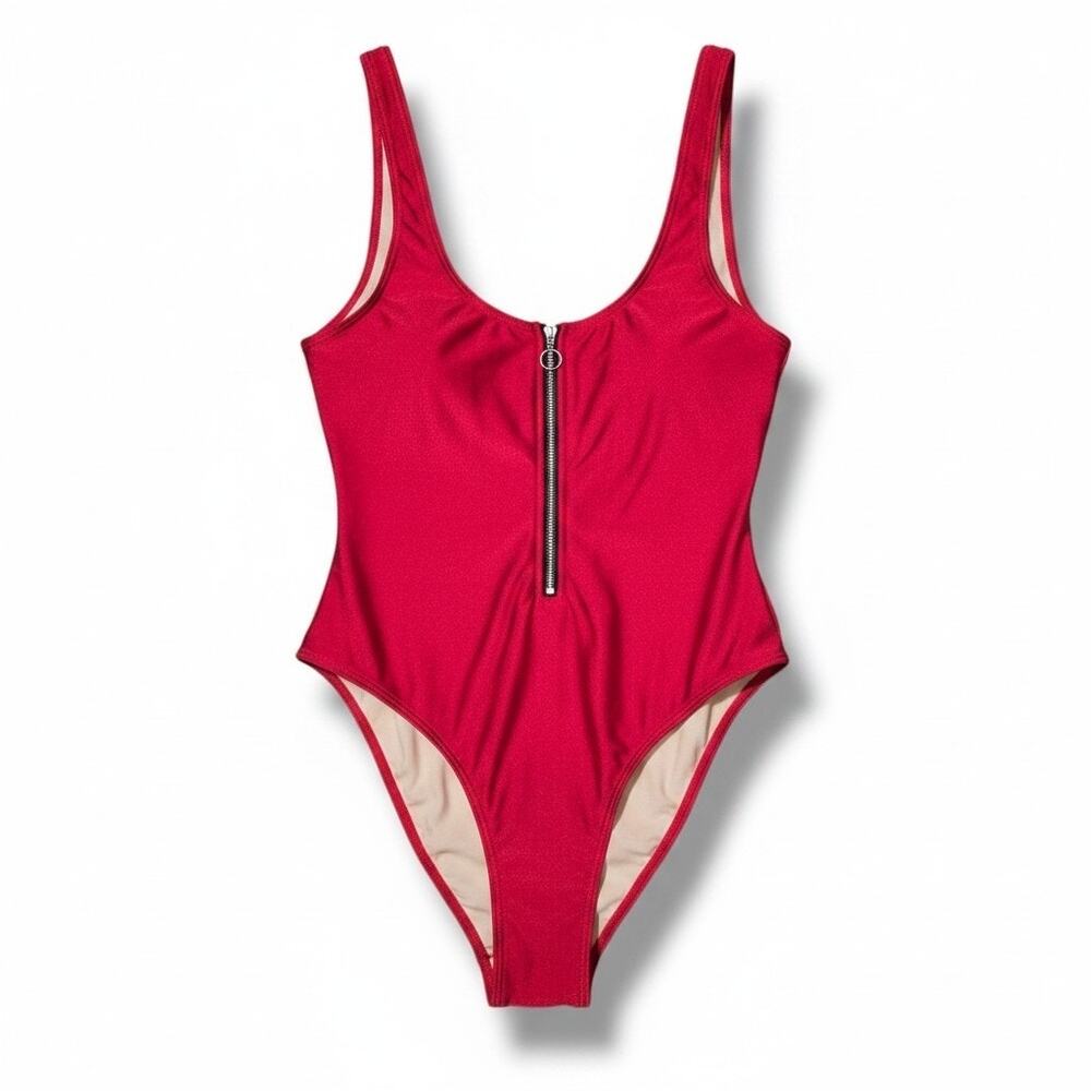 Dixperfect Women's Size Large Red Front Zipper High Cut One-Piece Swimsuit